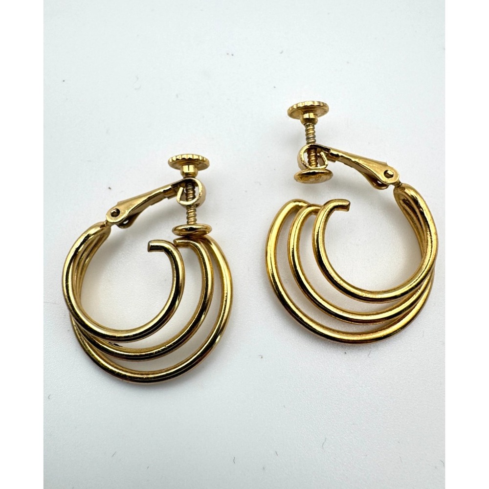 Vintage Napier Earrings Triple Hoop Gold Tone Screw Back 1980s